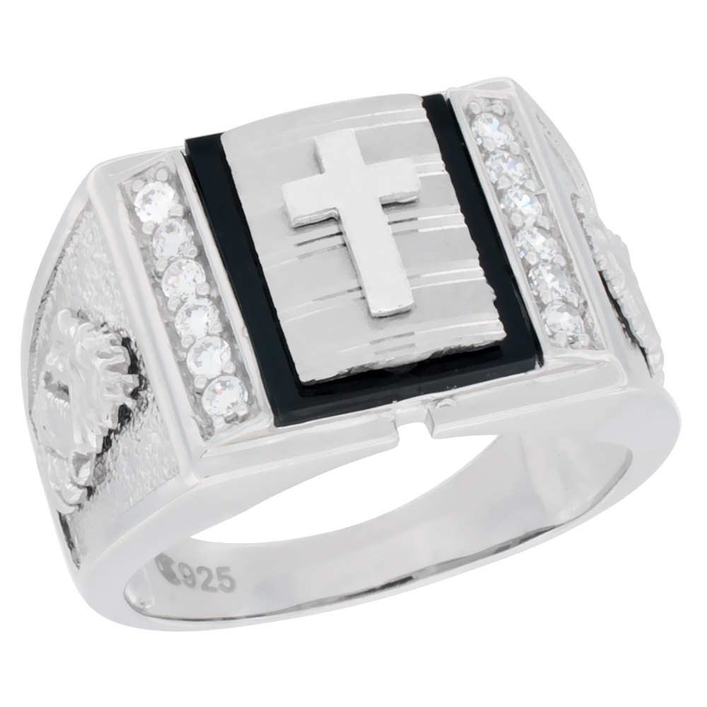 MENS STERLING SILVER RECTANGULAR CROSS RING DRAGON & CUBIC ZIRCONIA SIDE ACCENTS 19/32 INCH WIDE