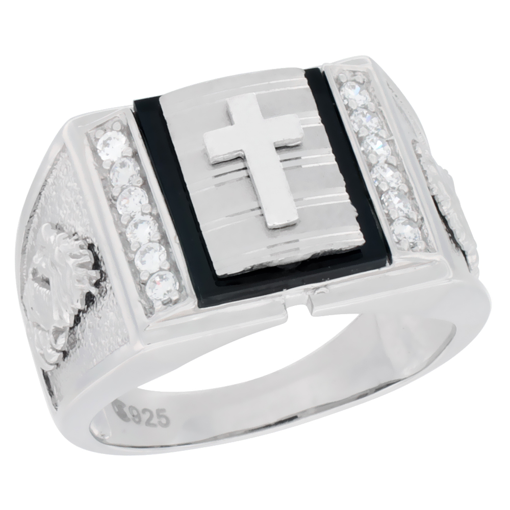 Mens Sterling Silver Rectangular Cross Ring Dragon &amp; Cubic Zirconia Side Accents 19/32 inch wide