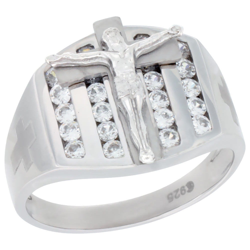Mens Sterling Silver Crucifix Ring Cubic Zirconia Stone Accents 19/32 inch wide