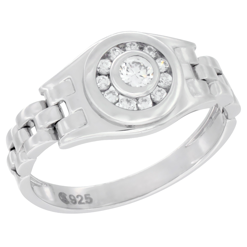 MENS STERLING SILVER ROUND RING WITH BEZEL SET CUBIC ZIRCONIA STONES 13/32 INCH WIDE