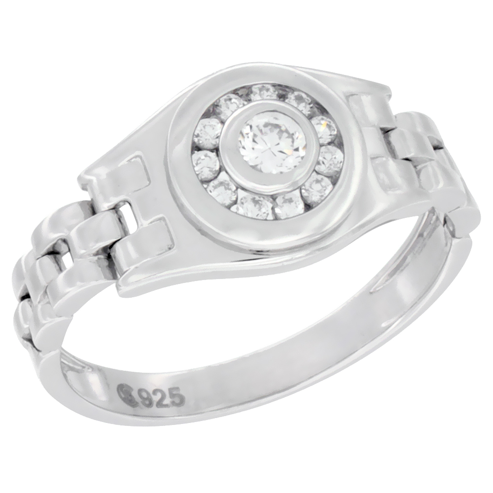Mens Sterling Silver Round Ring with Bezel Set Cubic Zirconia Stones 13/32 inch wide