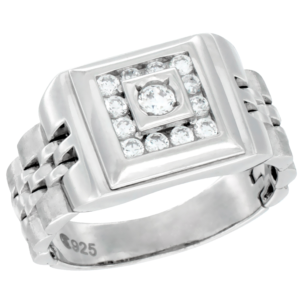 MENS STERLING SILVER SQUARE RING CUBIC ZIRCONIA STONE ACCENTS 1/2 INCH WIDE