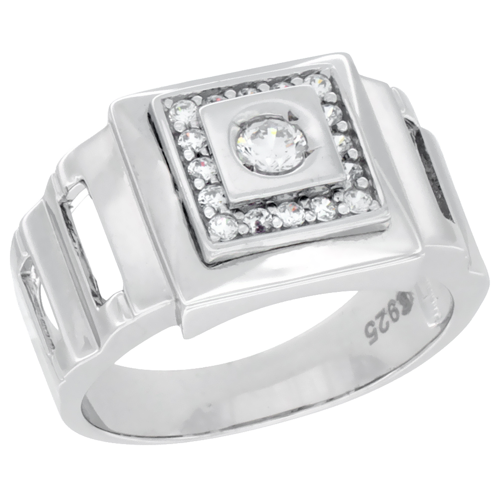Mens Sterling Silver Square Ring Cubic Zirconia Stones Open Sides 1/2 inch wide