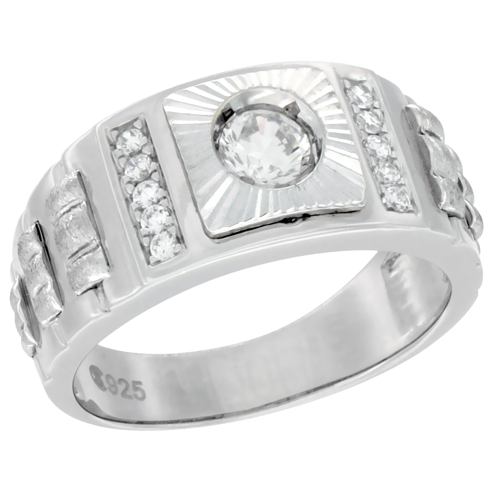 MENS STERLING SILVER SQUARE RING CUBIC ZIRCONIA STONE & GRADUATED 3-BAR ACCENTS 3/8 INCH WIDE