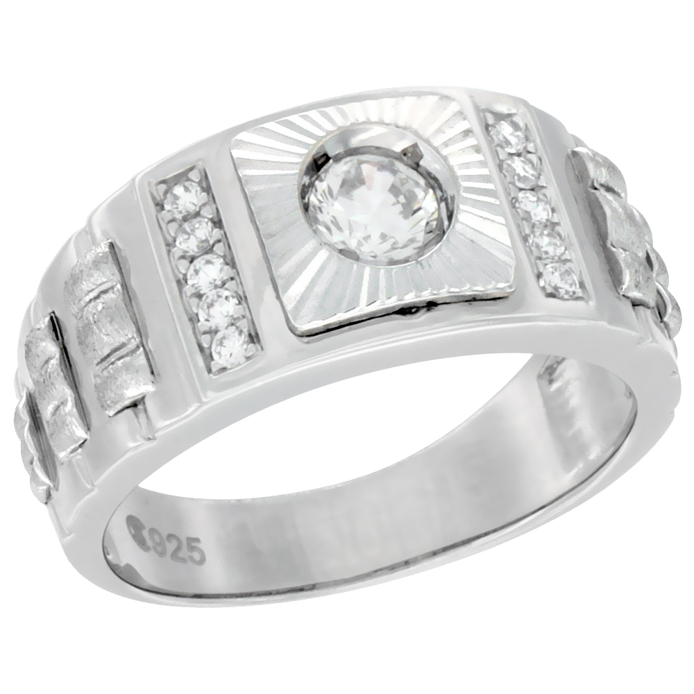 Mens Sterling Silver Square Ring Cubic Zirconia Stone &amp; Graduated 3-bar Accents 3/8 inch wide