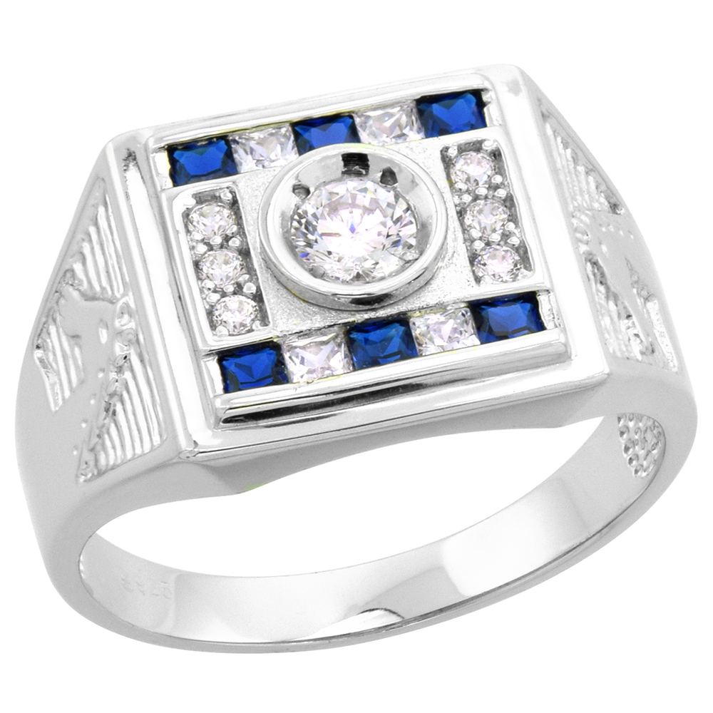 STERLING SILVER CZ SQUARE ART DECO RING FOR MEN BLUE AND WHITE 1/2 INCH SIZE 8 - 14