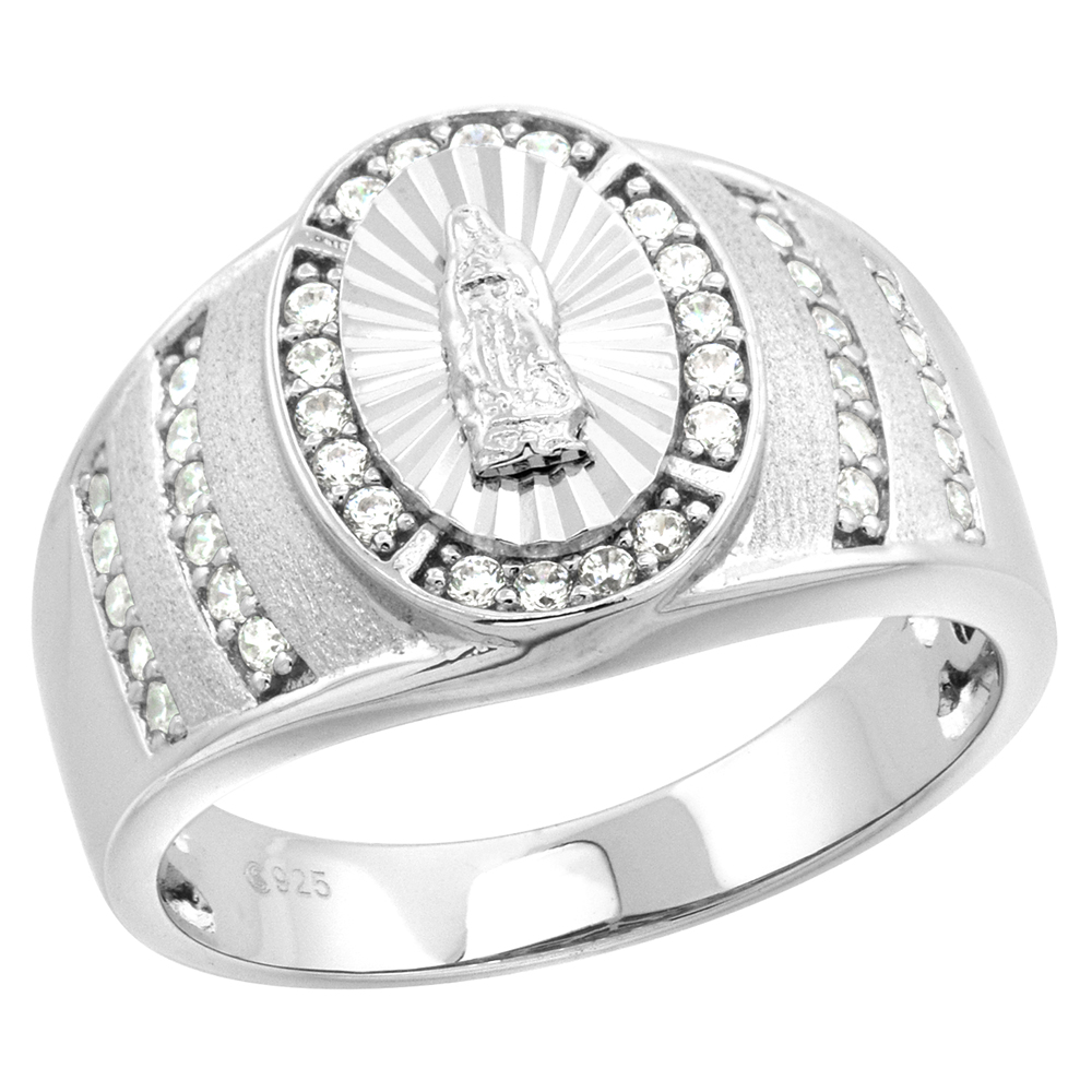 STERLING SILVER CZ GUADALUPE RING FOR MEN OVAL DIAMOND CUT HALO 9/16 INCH SIZES 8 - 14