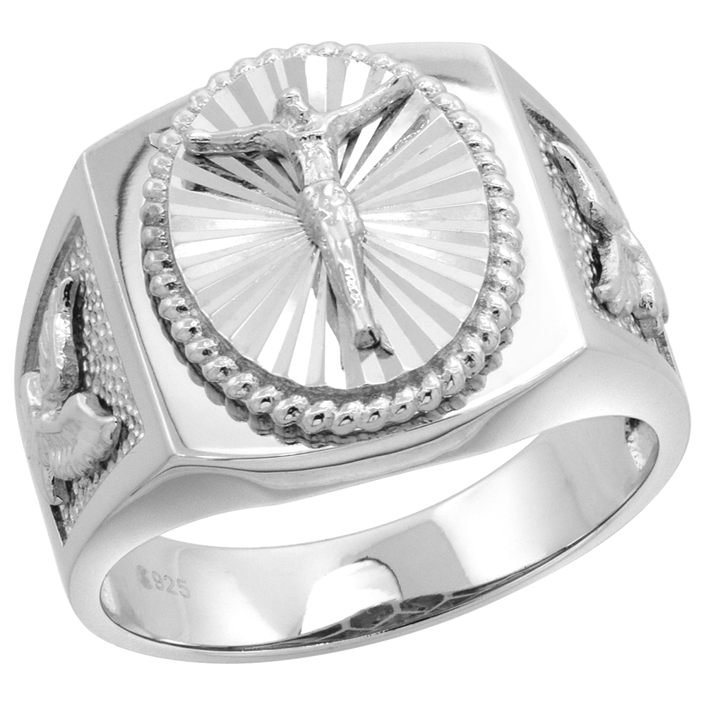 STERLING SILVER JESUS CHRIST RING FOR MEN EAGLE SIDES SQUARE DIAMOND CUT HALO SIZES 8 - 14