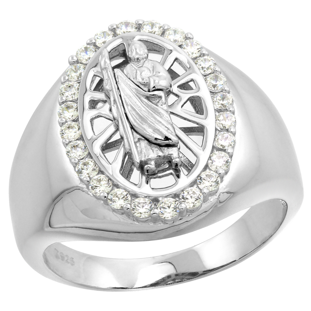 STERLING SILVER CZ SAINT JUDE RING FOR MEN OVAL 23/32 INCH SIZES 8 - 14