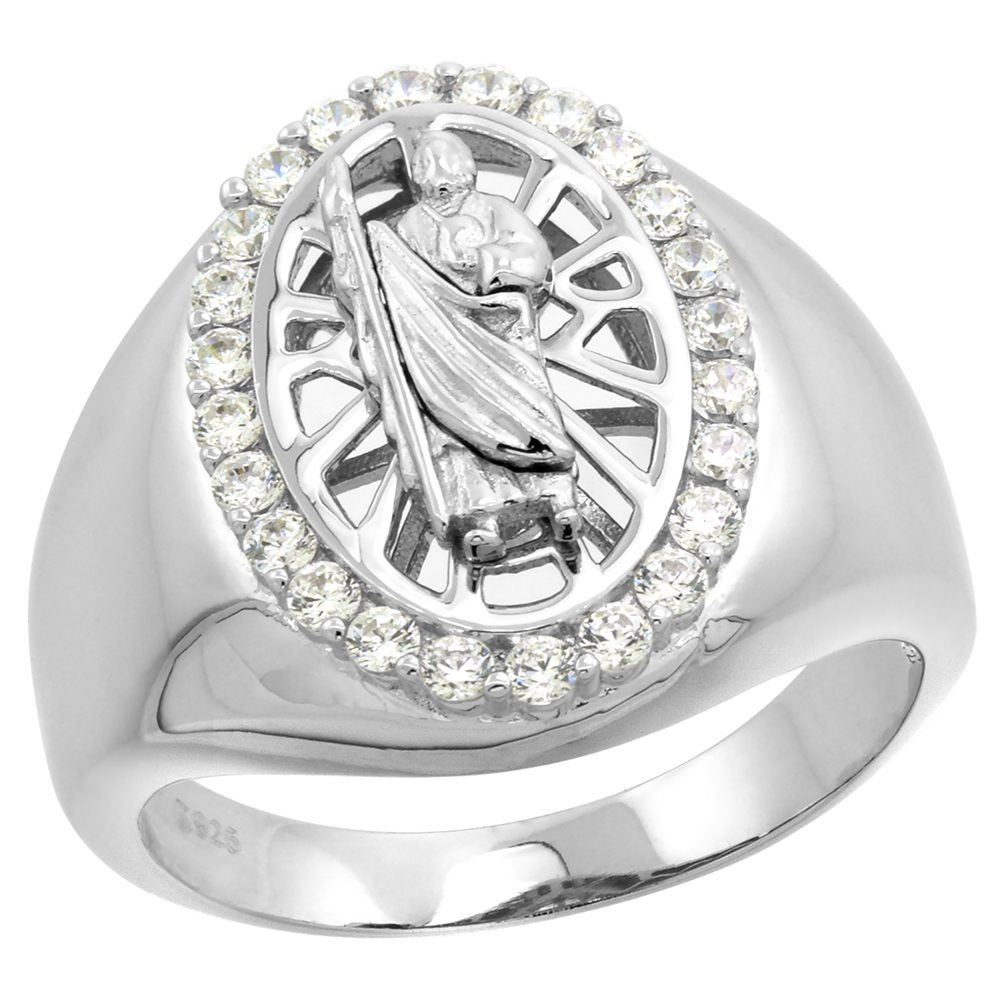 Sterling Silver CZ Saint Jude Ring for Men Oval 23/32 inch sizes 8 - 14