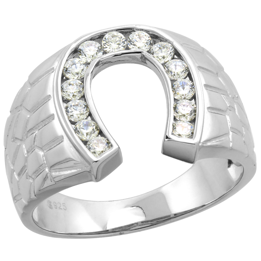 STERLING SILVER CZ HORSESHOE RING FOR MEN 9/16 INCH SIZE 8 - 14