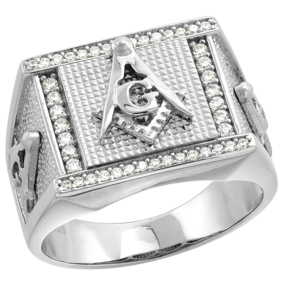 STERLING SILVER MASONIC SQUARE & COMPASS RING FOR MEN RECTANGULAR 9/16 INCH SIZE 8 - 14