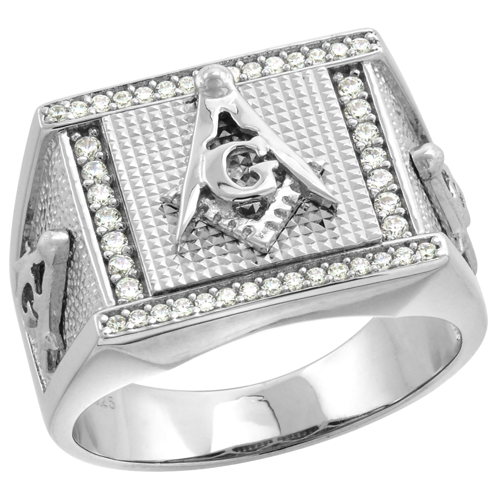 Sterling Silver Masonic Ring for Men Square &amp; Compass Rectangular 9/16 inch size 8 - 14