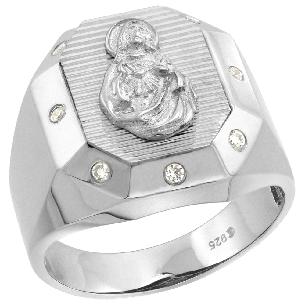 STERLING SILVER CZ SACRED HEART OF JESUS RING FOR MEN OCTAGONAL 3/4 INCH SIZE8-14