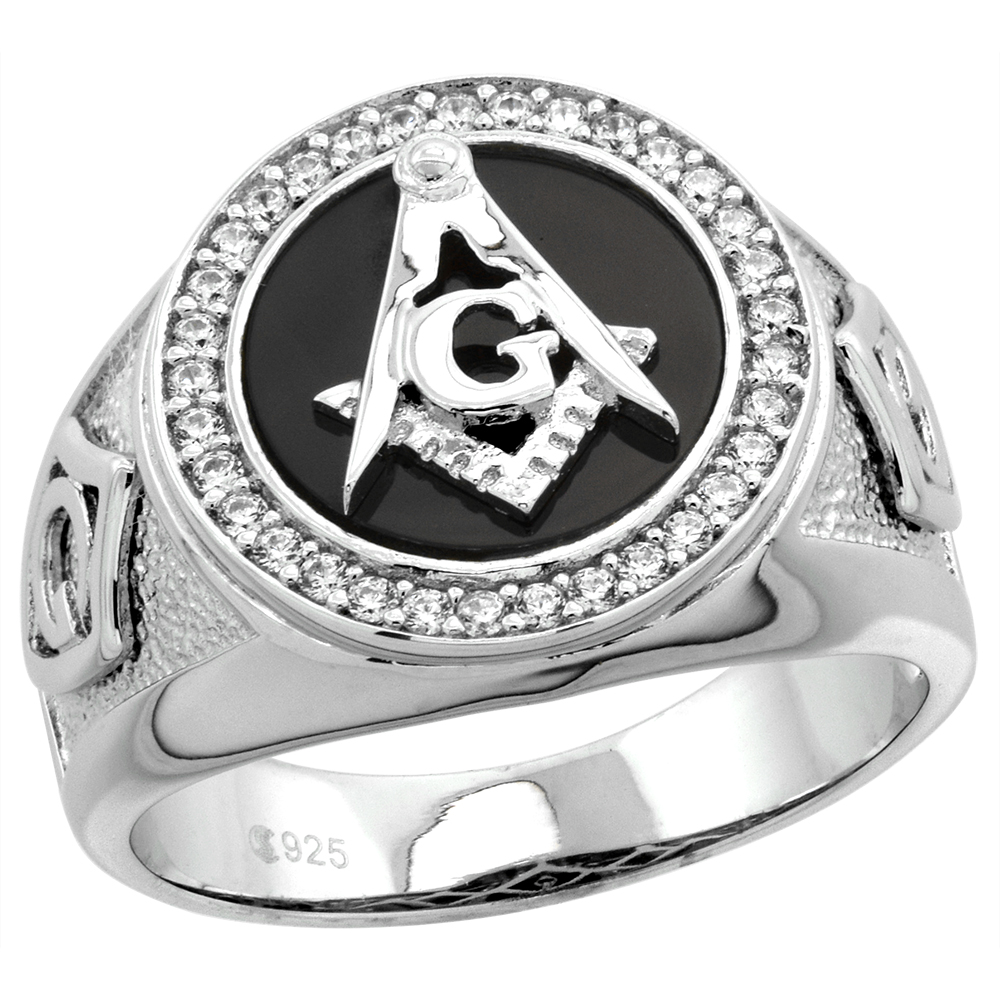 5/8 inch Round Sterling Silver Black Onyx Masonic Ring for Men Square and Compass CZ Halo sizes 9-13
