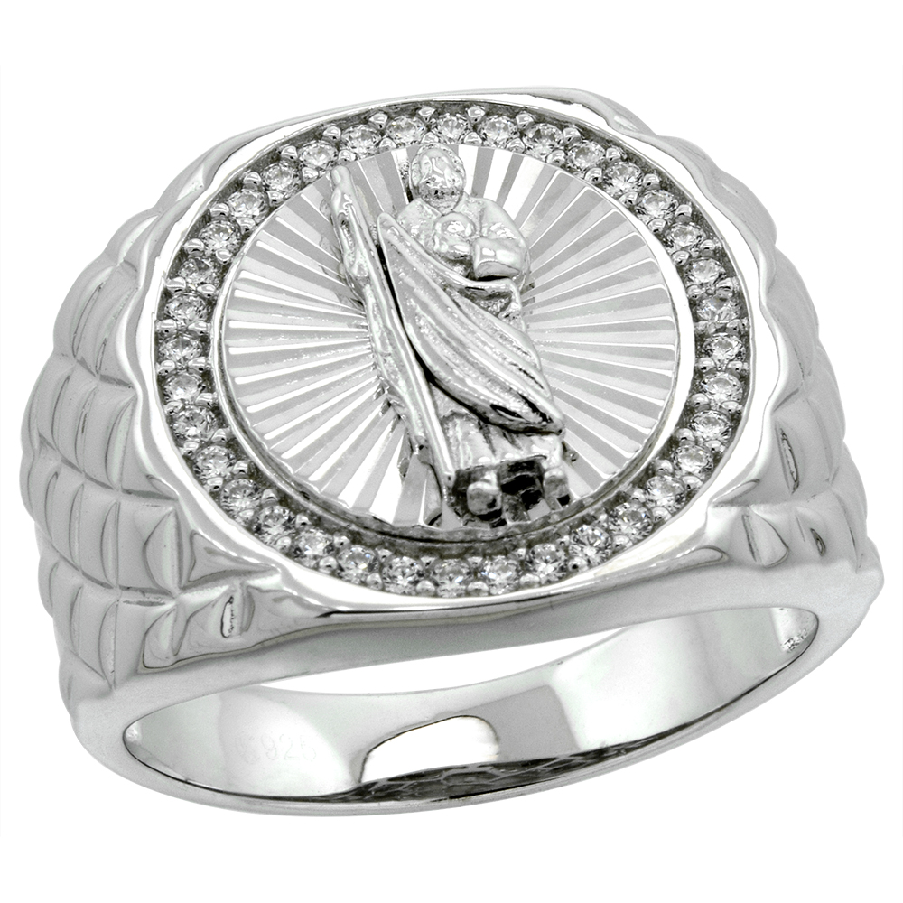 3/4 INCH ROUND STERLING SILVER CUBIC ZIRCONIA ST JUDE RING FOR MEN DIAMOND CUT HALO CUSHION SIDES SIZE 9-13