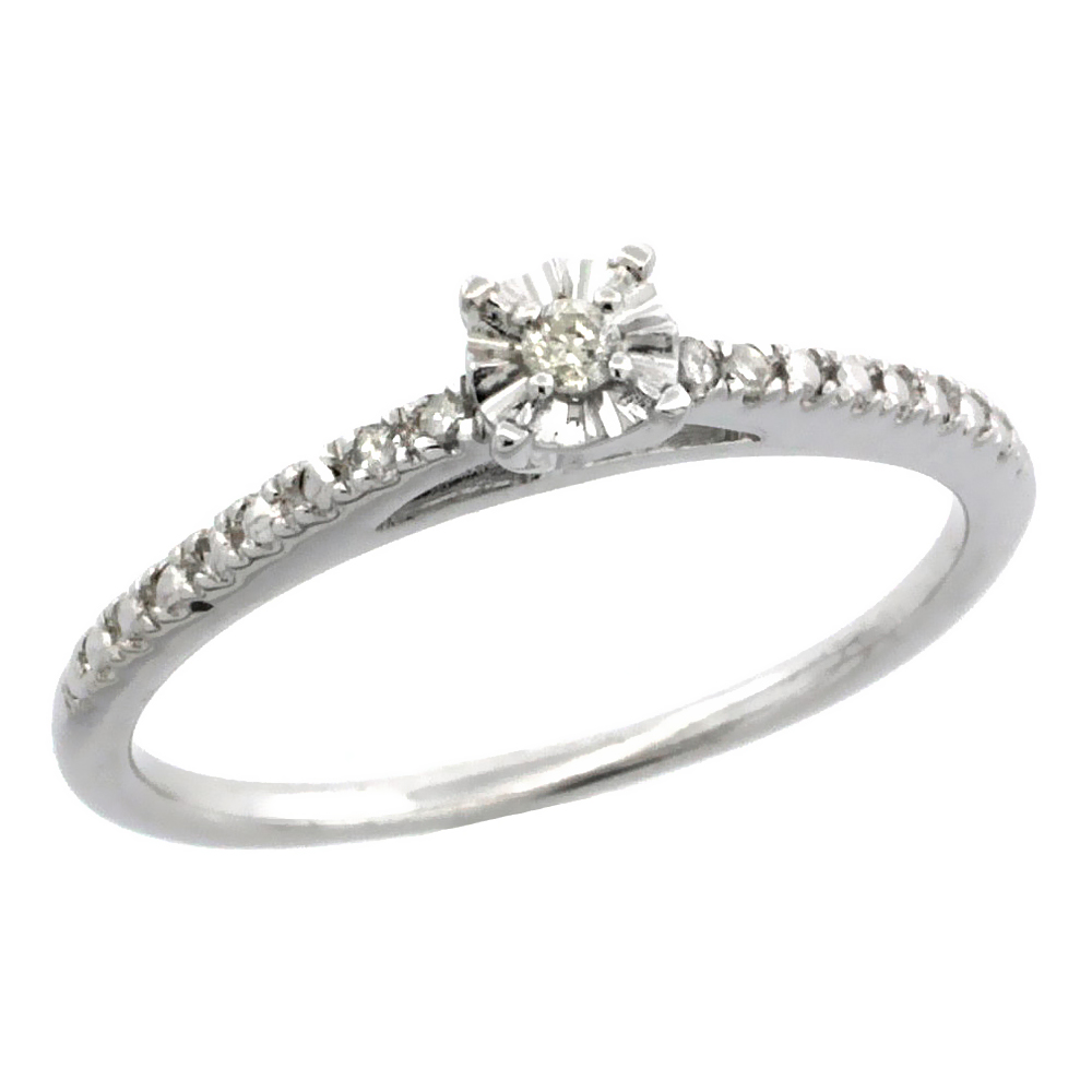 0.067 ct Sterling Silver Diamond Solitaire Engagement Ring for Women Rhodium Finish sizes 5 to 10