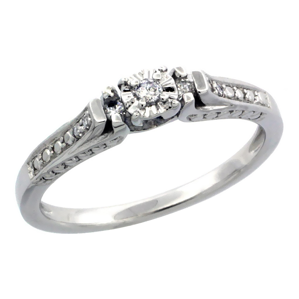 0.12 ct Sterling Silver Diamond Vintage Style Engagement Ring for Women Rhodium Finish sizes 5 to 10