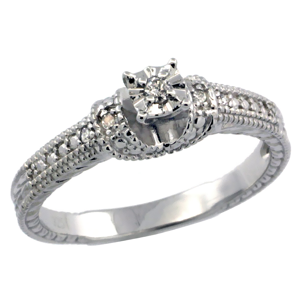 0.063 ct Sterling Silver Diamond Vintage Style Engagement Ring for Women Rhodium Finish sizes 5 to 10