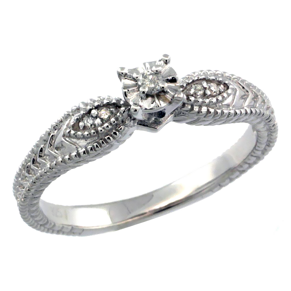 0.067 ct Sterling Silver Diamond Vintage Style Engagement Ring for Women Rhodium Finish sizes 5 to 10