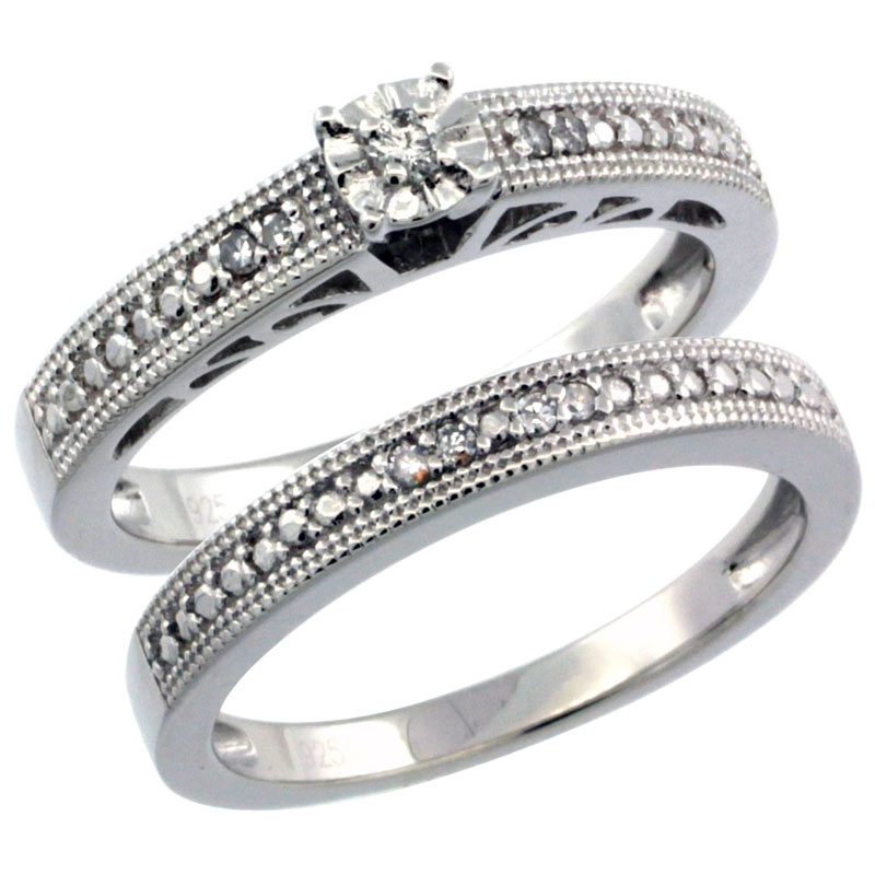 Sterling Silver Diamond Vintage Style 2-Pc. 9-Stone Engagement Ring Set Rhodium Finish, sizes 5 to 10