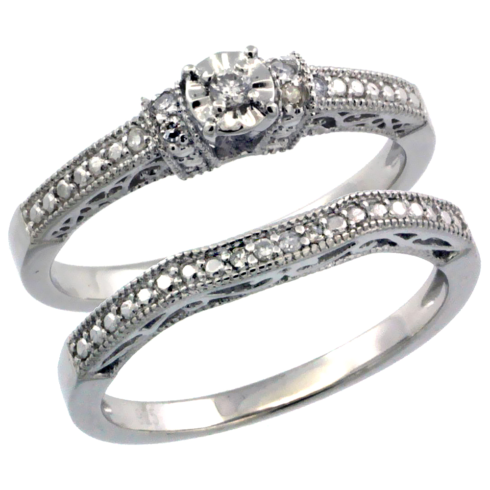 Sterling Silver Diamond Vintage Style 2-Pc. 11-Stone Engagement Ring Set Rhodium Finish, sizes 5 to 10