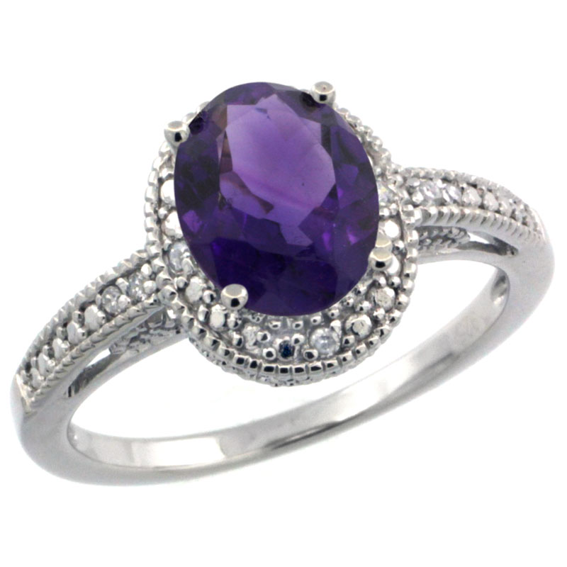Sterling Silver Diamond Vintage Style Oval Amethyst Stone Ring Rhodium Finish, 8x6 mm Oval Cut Gemstone sizes 5 to 10