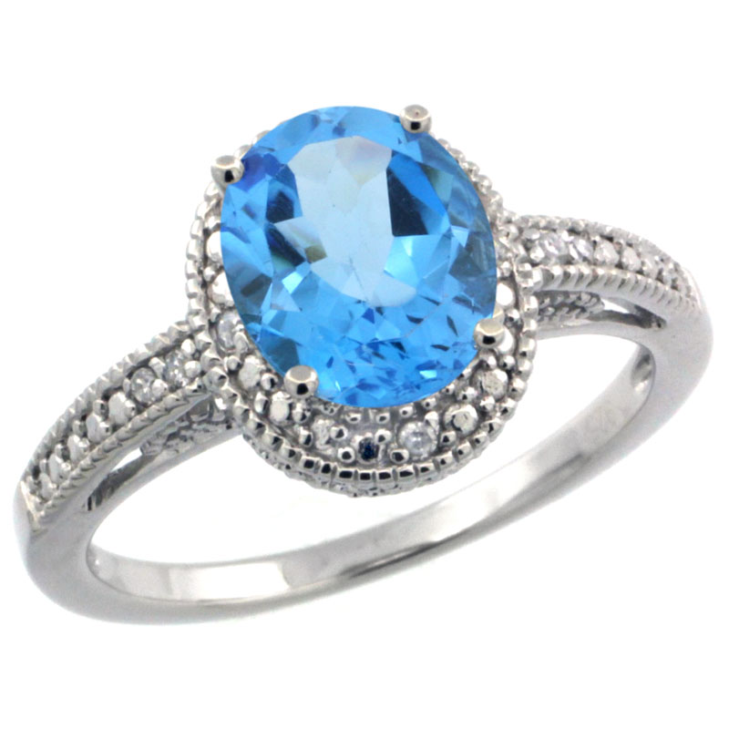 Sterling Silver Diamond Vintage Style Oval Blue Topaz Stone Ring Rhodium Finish, 8x6 mm Oval Cut Gemstone sizes 5 to 10