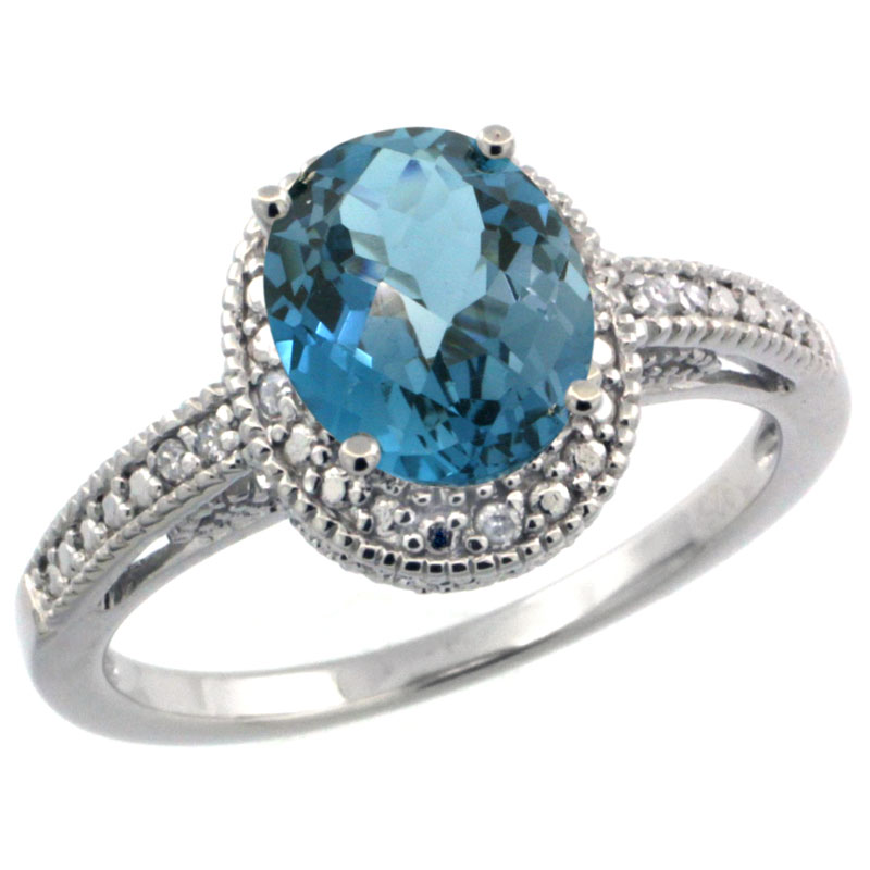 Sterling Silver Diamond Vintage Style Oval London Blue Topaz Stone Ring Rhodium Finish, 8x6 mm Oval Cut Gemstone sizes 5 to 10