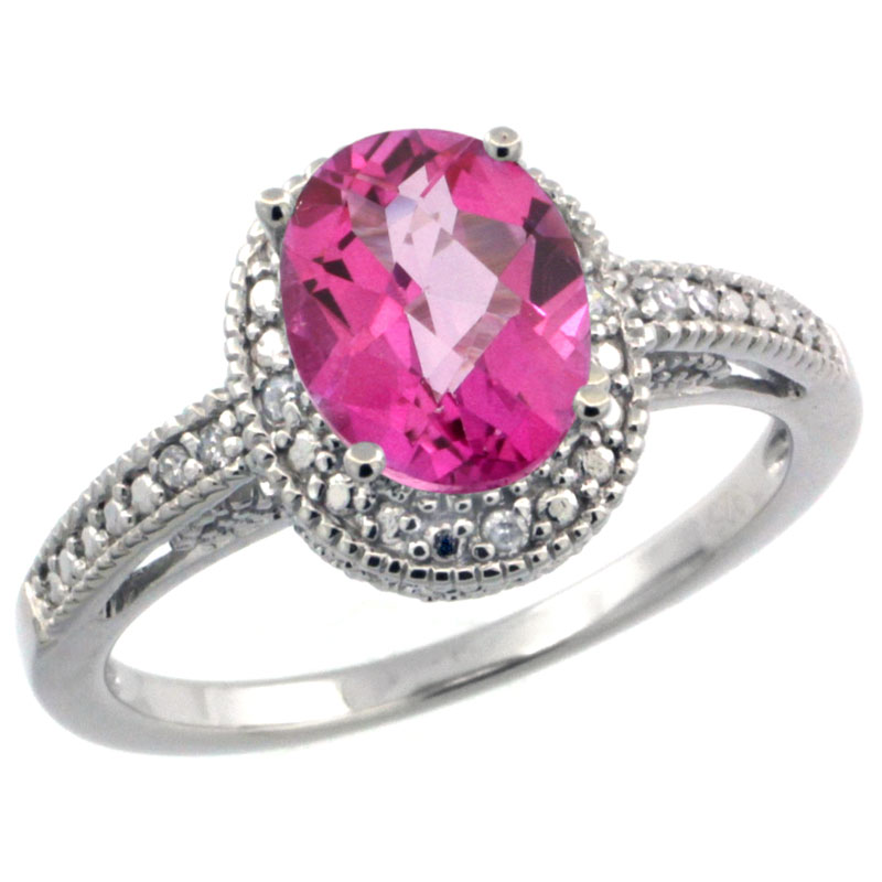 Sterling Silver Diamond Vintage Style Oval Pink Topaz Stone Ring Rhodium Finish, 8x6 mm Oval Cut Gemstone sizes 5 to 10