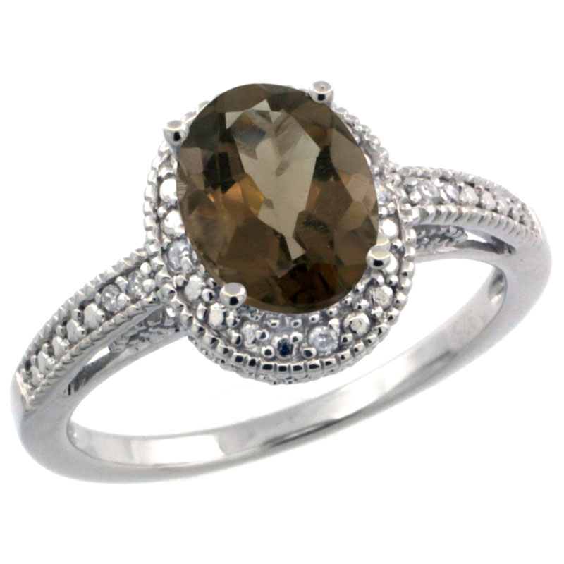 Sterling Silver Diamond Vintage Style Oval Smoky Topaz Stone Ring Rhodium Finish, 8x6 mm Oval Cut Gemstone sizes 5 to 10