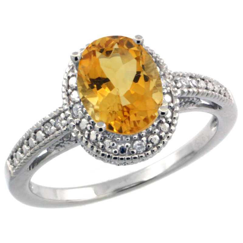 Sterling Silver Diamond Vintage Style Oval Citrine Stone Ring Rhodium Finish, 8x6 mm Oval Cut Gemstone sizes 5 to 10