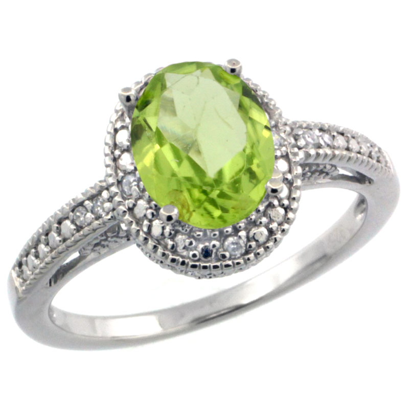 Sterling Silver Diamond Vintage Style Oval Peridot Stone Ring Rhodium Finish, 8x6 mm Oval Cut Gemstone sizes 5 to 10
