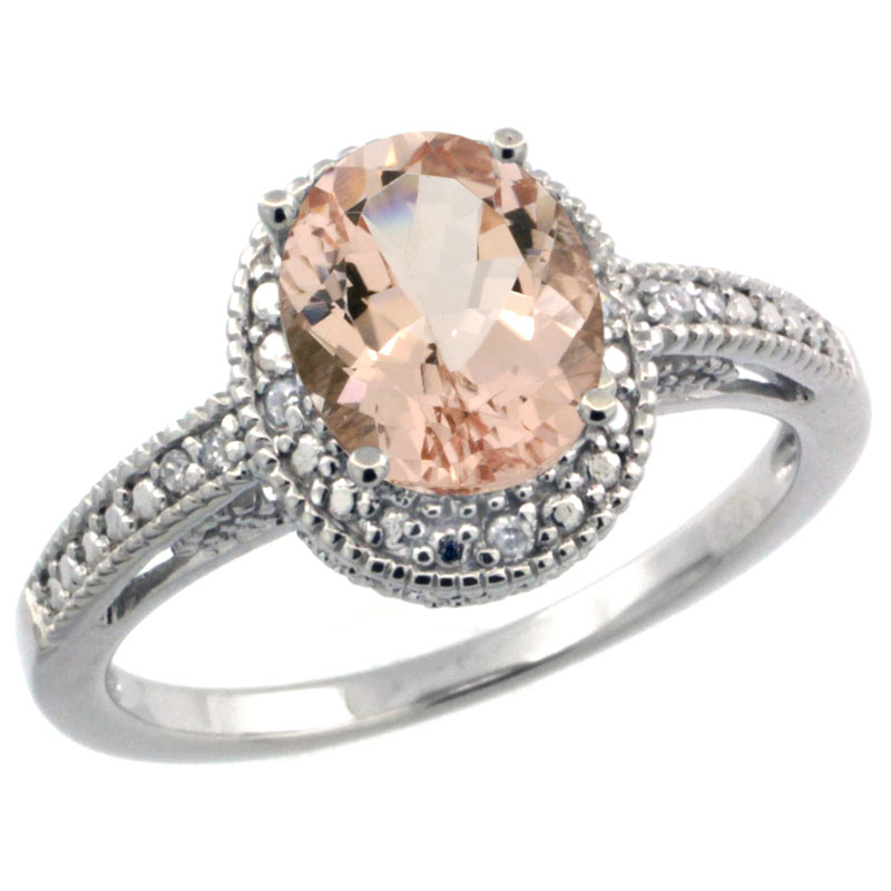 Sterling Silver Diamond Vintage Style Oval Morganite Stone Ring Rhodium Finish, 8x6 mm Oval Cut Gemstone sizes 5 to 10