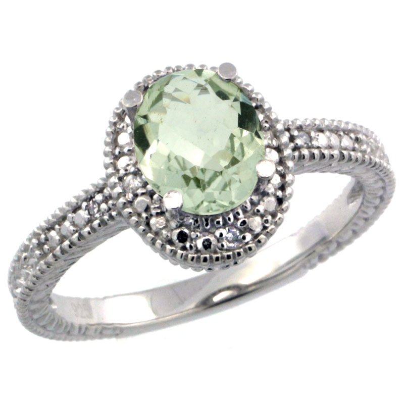 Sterling Silver Diamond Vintage Style Oval Green Amethyst Stone Ring Rhodium Finish, 7x5 mm Oval Cut Gemstone sizes 5 to 10