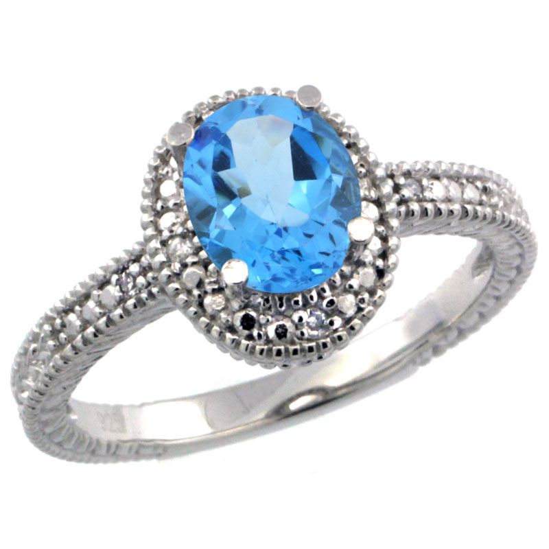 Sterling Silver Diamond Vintage Style Oval Blue Topaz Stone Ring Rhodium Finish, 7x5 mm Oval Cut Gemstone sizes 5 to 10