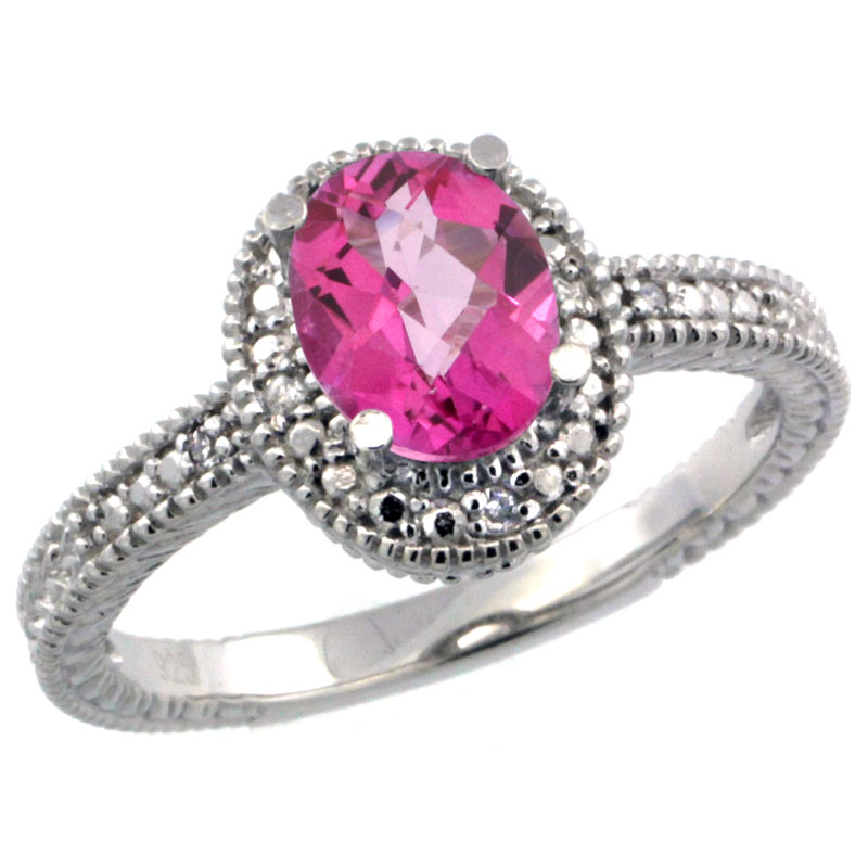 Sterling Silver Diamond Vintage Style Oval Pink Topaz Stone Ring Rhodium Finish, 7x5 mm Oval Cut Gemstone sizes 5 to 10