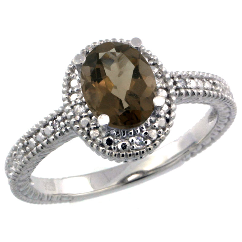 Sterling Silver Diamond Vintage Style Oval Smoky Topaz Stone Ring Rhodium Finish, 7x5 mm Oval Cut Gemstone sizes 5 to 10