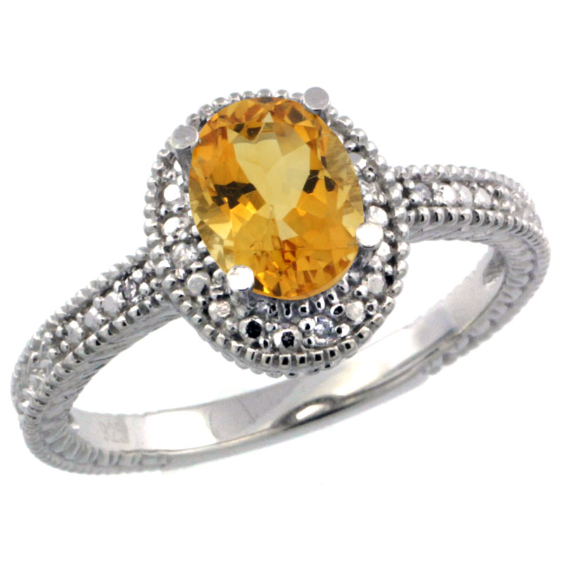Sterling Silver Diamond Vintage Style Oval Citrine Stone Ring Rhodium Finish, 7x5 mm Oval Cut Gemstone sizes 5 to 10