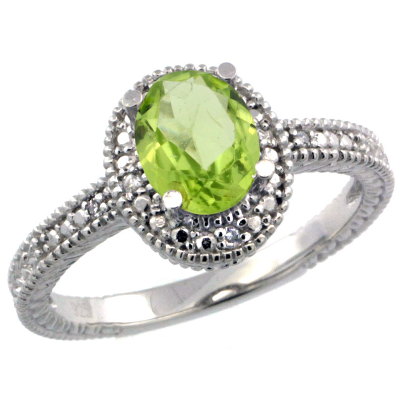Sterling Silver Diamond Vintage Style Oval Peridot Stone Ring Rhodium Finish, 7x5 mm Oval Cut Gemstone sizes 5 to 10