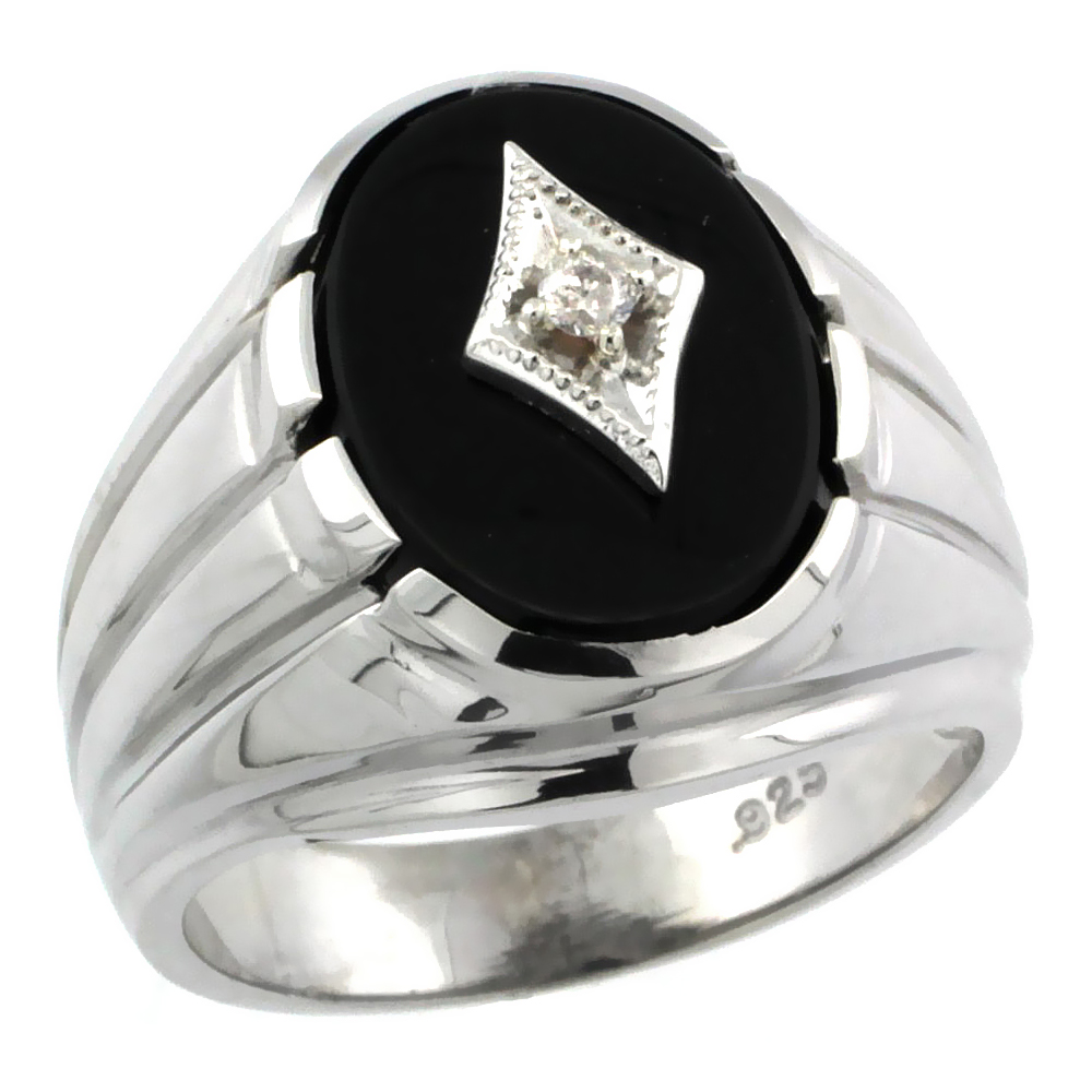 Sterling Silver Gent's Black Onyx Ring Diamond Center Oval Shape Rhodium Finish, sizes 8 to 13