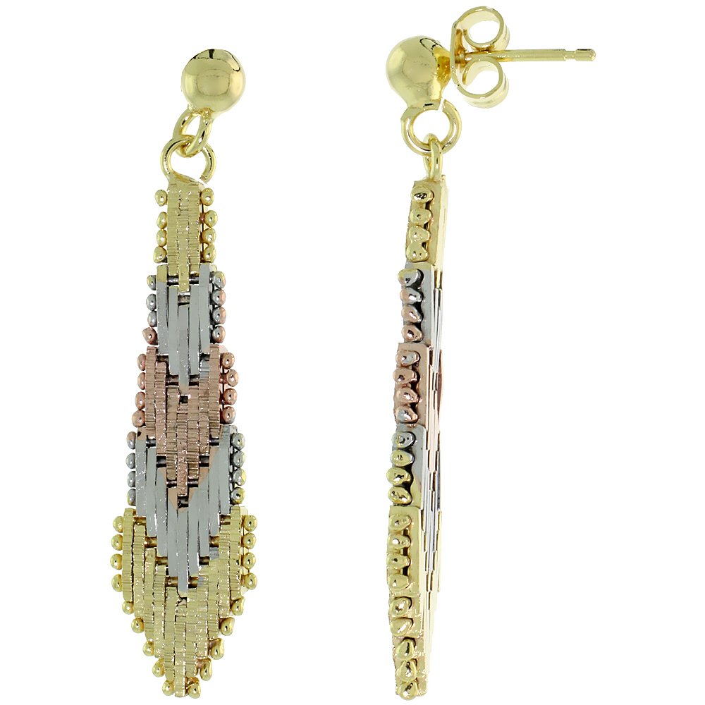 STERLING SILVER ITALIAN TRICOLOR RICCIO EARRINGS, 1 1/8 INCH LONG