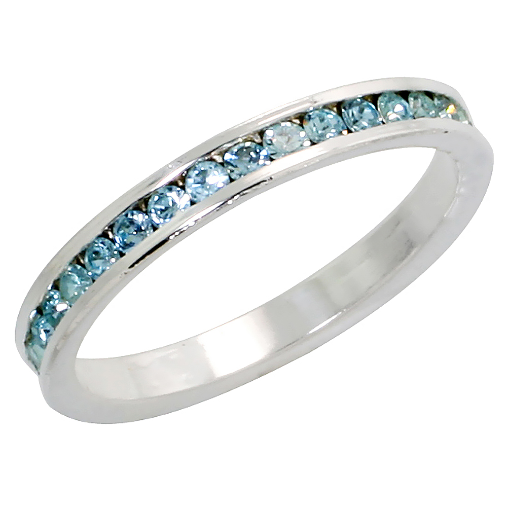 Sterling Silver Stackable Eternity Band, March Birthstone, Aquamarine Crystals, 1/8" (3 mm) wide