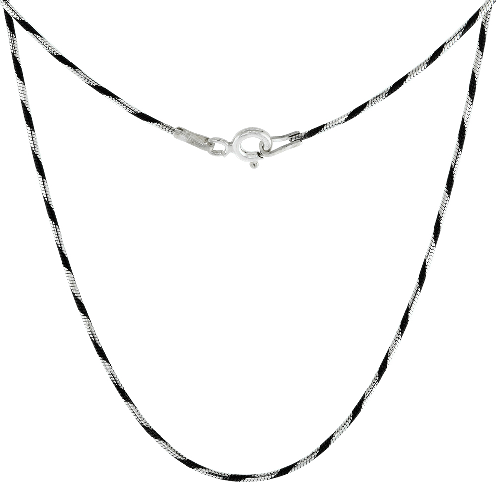 Sterling Silver Snake Chain Necklace 0.9mm thin Black Rhodium Spiral Pattern Nickel Free Italy,16-20 inch