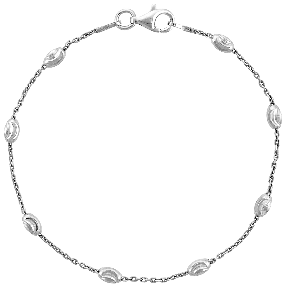 STERLING SILVER OVAL BEAD STATION NECKLACES & BRACELETS 3MM DIAMOND CUT NICKEL FREE ITALY, 7-30 INCH