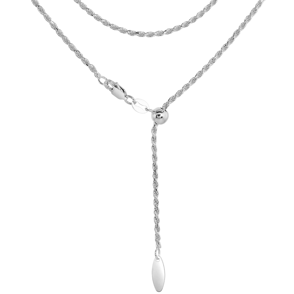STERLING SILVER ADJUSTABLE DIAMOND CUT ROPE CHAIN NECKLACE FOR WOMEN 1.7 MM NICKEL FREE 22 INCH