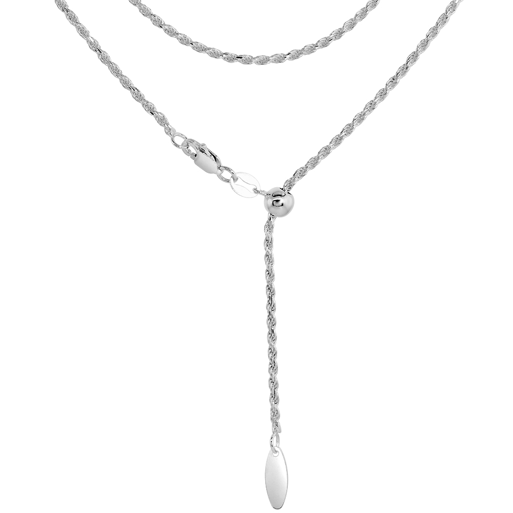 Sterling Silver Adjustable Diamond Cut Rope Chain Necklace for Women 1.7 mm Nickel Free 22 inch