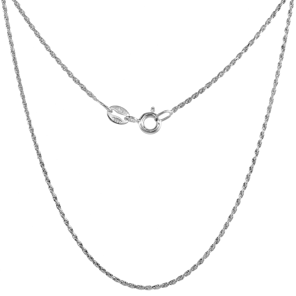 Sterling Silver Rope Chain Necklace 1mm Very Thin Rhodium Finish Diamond cut Nickel Free, 16- 20 inch