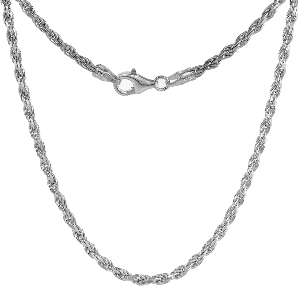 STERLING SILVER ROPE CHAIN NECKLACES &amp; BRACELETS 2.6MM DIAMOND CUT NICKEL FREE ITALY, SIZES 7 - 30 INCH