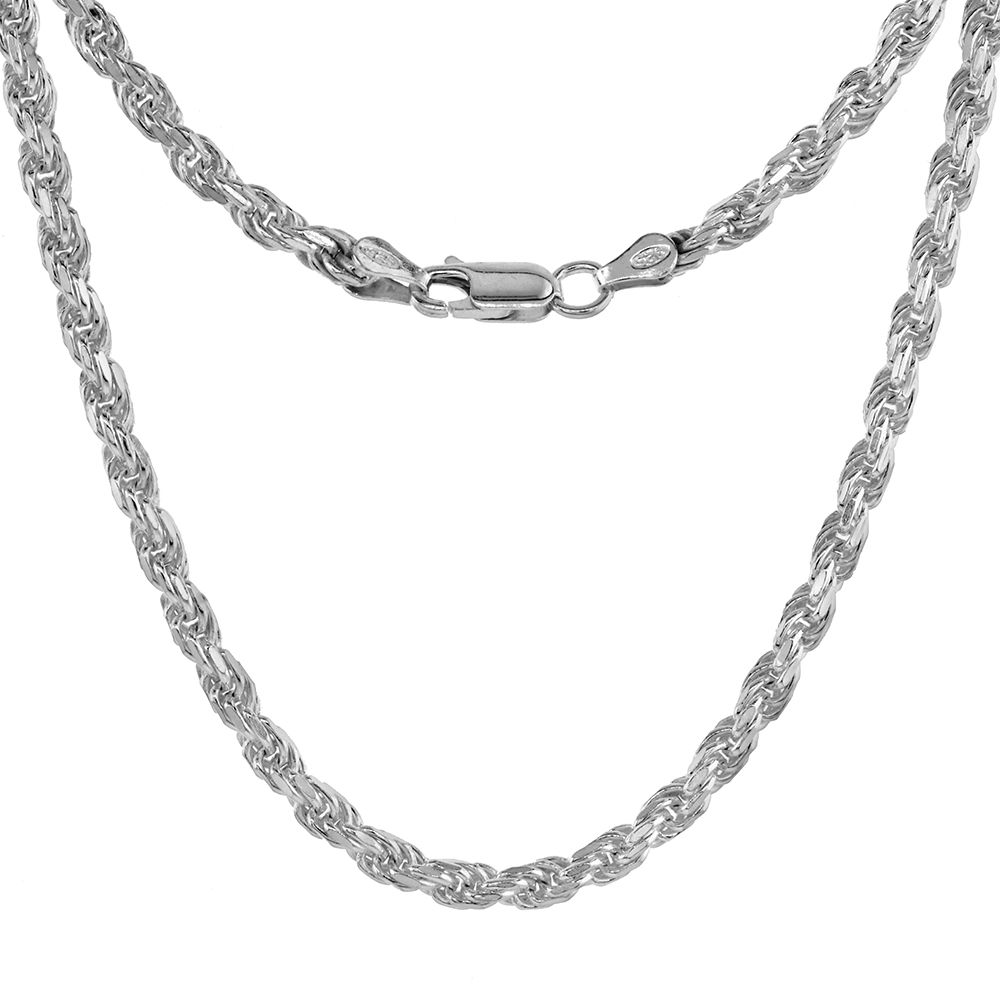Sterling Silver Rope Chain Necklaces &amp; Bracelets 4mm Thick Diamond cut Nickel Free Italy, 7-30 inch